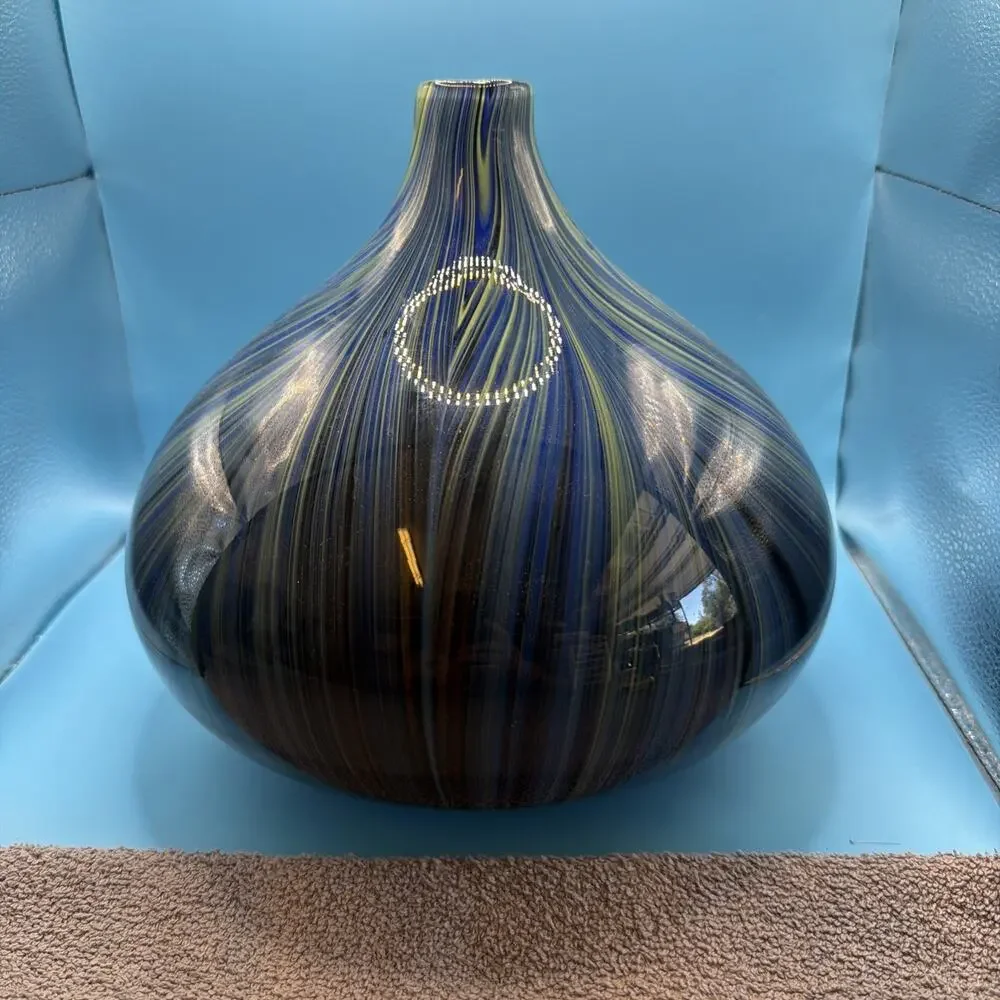Murano Style Vase Large 10 Inch Onion Swirl Blue Green Black Hand Blown MCM